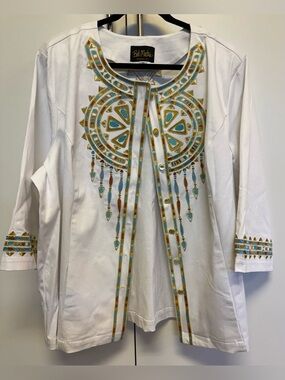 Bob Mackie Wearable Art Top 2X Embroidered Gold Statement Jacket Boho